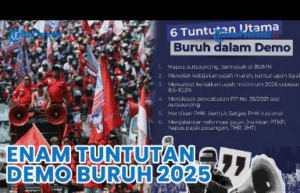 Buruh mengangkat spanduk tuntutan dalam aksi Live Demo 28 Agustus 2025 di depan Gedung DPR RI Jakarta, menyoroti Omnibus Law, upah minimum, dan perlindungan pekerja.