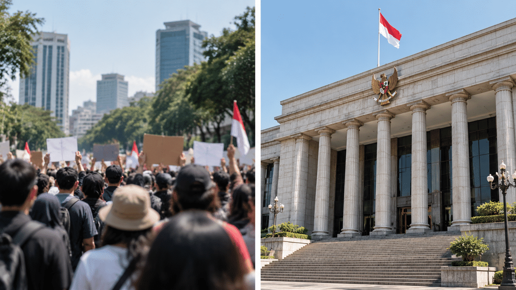 Kolase foto yang menampilkan kerumunan massa anonim di satu sisi dan fasad bangunan institusi pemerintah di sisi lain.