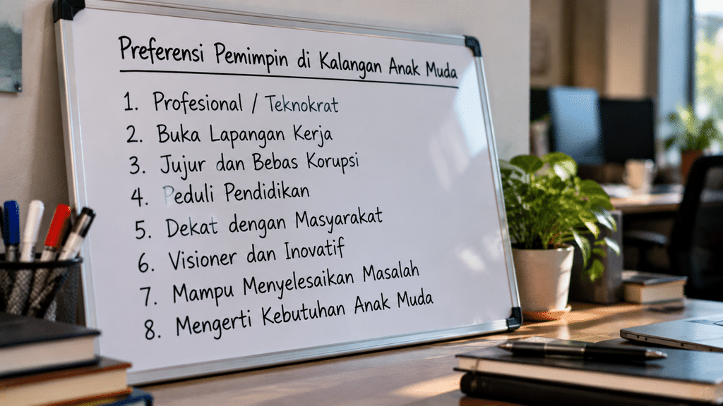 Papan tulis putih berisi tulisan tangan poin-poin yang diprioritaskan pemuda, seperti profesionalisme dan lapangan pekerjaan.