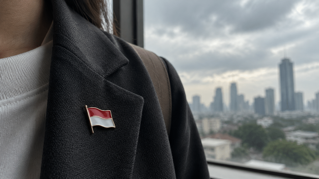 Jarak dekat pada pin bendera Indonesia yang terpasang di kerah baju seorang pemuda yang sedang berdiri menatap ke luar jendela.