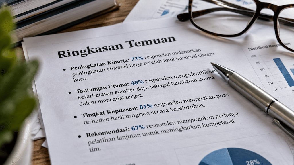 Sebuah dokumen cetak (executive summary) berisi tujuh poin ringkasan hasil survei opini publik tergeletak di atas meja kayu.