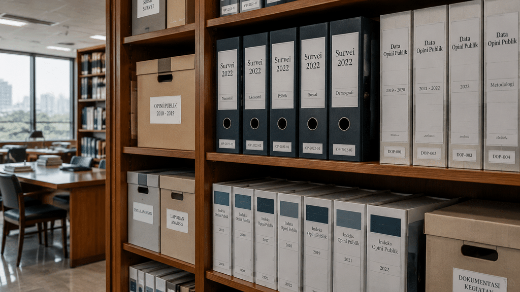 Deretan kotak arsip dokumen yang tersusun rapi di rak perpustakaan sebuah lembaga kajian opini publik.
